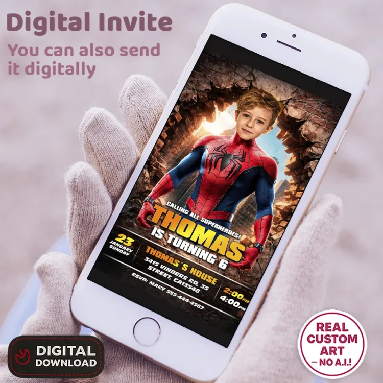 Spiderman Photo Invitation – Superhero Birthday Invitation (24h Delivery) – Digital Download