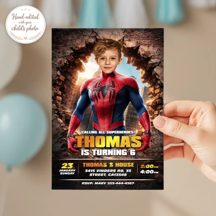 Spiderman Photo Invitation – Superhero Birthday Invitation (24h Delivery) – Digital Download