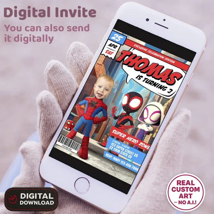 personalized-spidey-photo-invitations-and-party-deco-spidey-kids-birthday-party-2 Spidey Birthday Invitation with Photo – Personalized Superhero Invitation (24h Delivery) – Digital Download