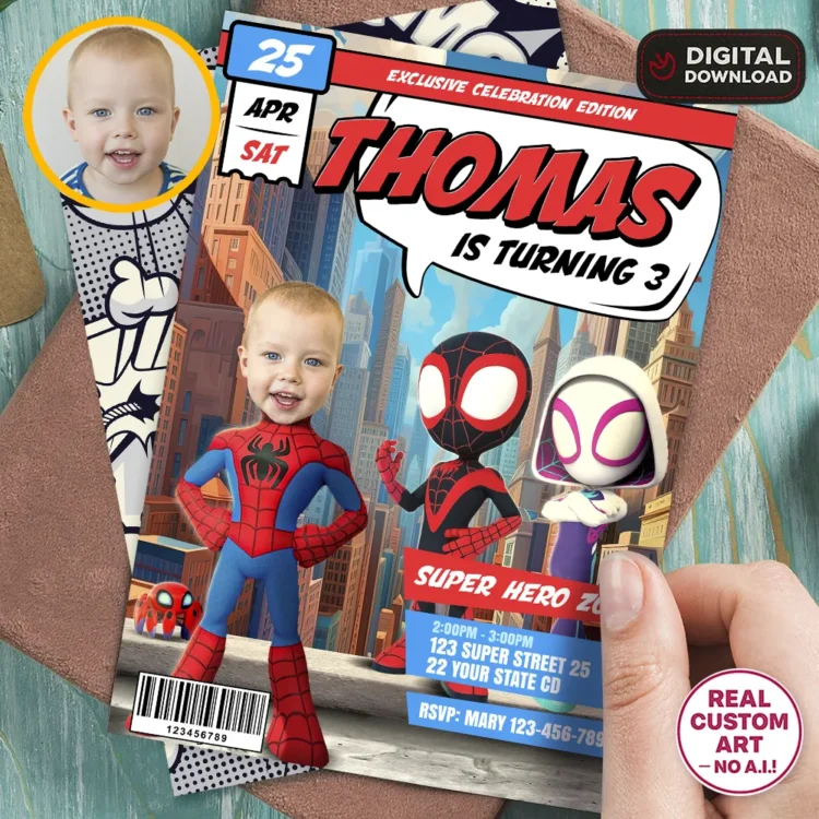 personalized-spidey-photo-invitations-and-party-deco-spidey-kids-birthday-party Spidey Birthday Invitation with Photo – Personalized Superhero Invitation (24h Delivery) – Digital Download