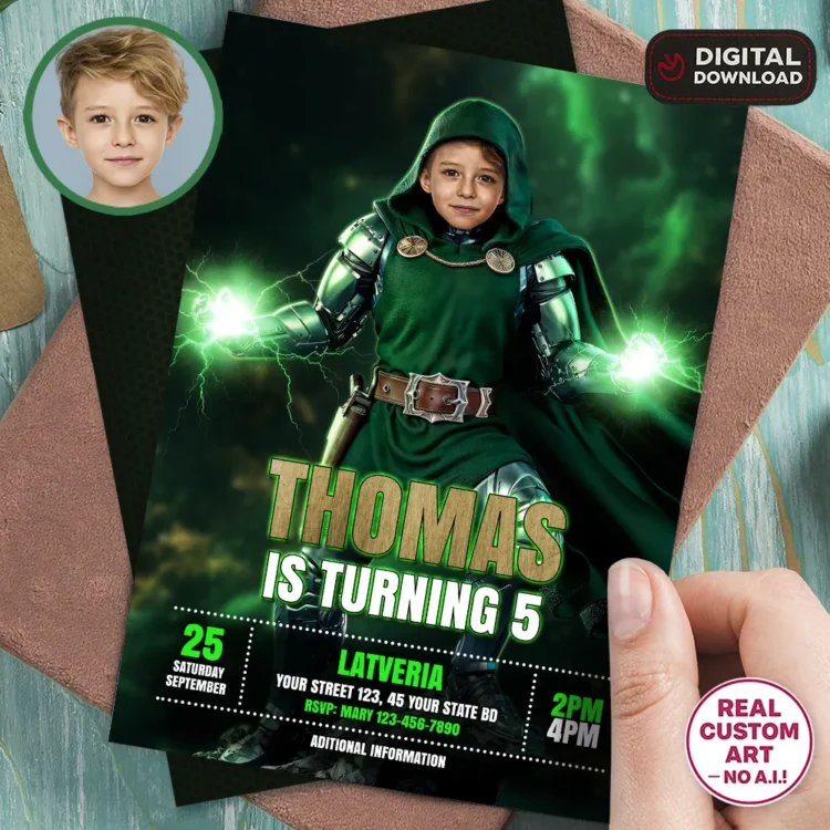 Dr. Doom Birthday Invitation – Personalized Supervillain Photo Invitation (24h Delivery) – Digital Download