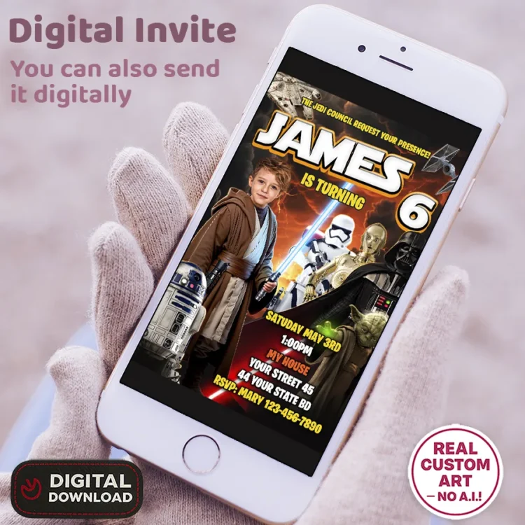 Star Wars Party Invitation with Photo – Personalized Jedi Birthday Invitation (24h Delivery) – Digital Download