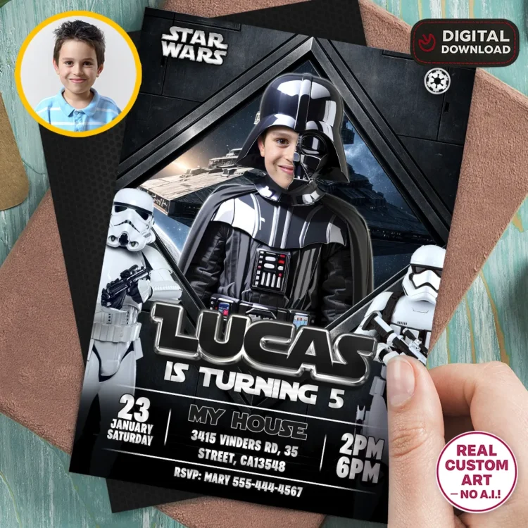Darth Vader Personalized Invitation – Star Wars Birthday Invitation with Photo (24h Delivery) – Digital Download