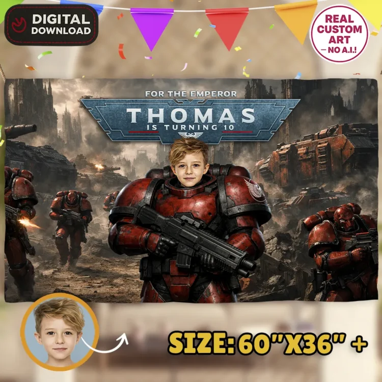 Blood Angels Birthday Banner – Personalized Warhammer 40K Decoration with Photo (24h Delivery) – Digital Download