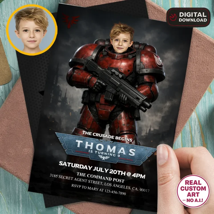 Space Marine Warhammer 40K Invitation – Personalized Blood Angels Birthday Photo Invite (24h Delivery) – Digital Download