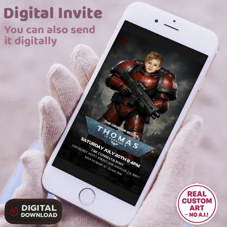 Blood Angels Warhammer 40K Invitation – Personalized Space Marine Birthday Photo Invite (24h Delivery) – Digital Download