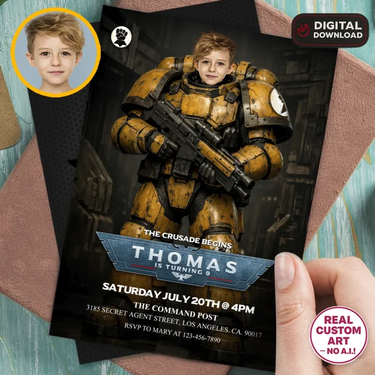 Imperial Fists Warhammer 40K Invitation – Personalized Space Marine Birthday Photo Invite (24h Delivery) – Digital Download