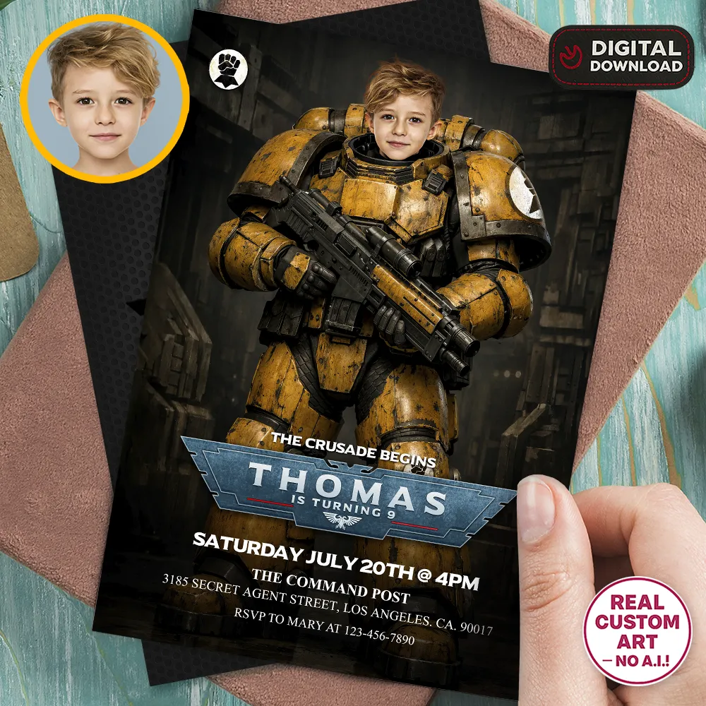Imperial Fists Warhammer 40K Invitation – Personalized Space Marine Birthday Photo Invite (24h Delivery) – Digital Download