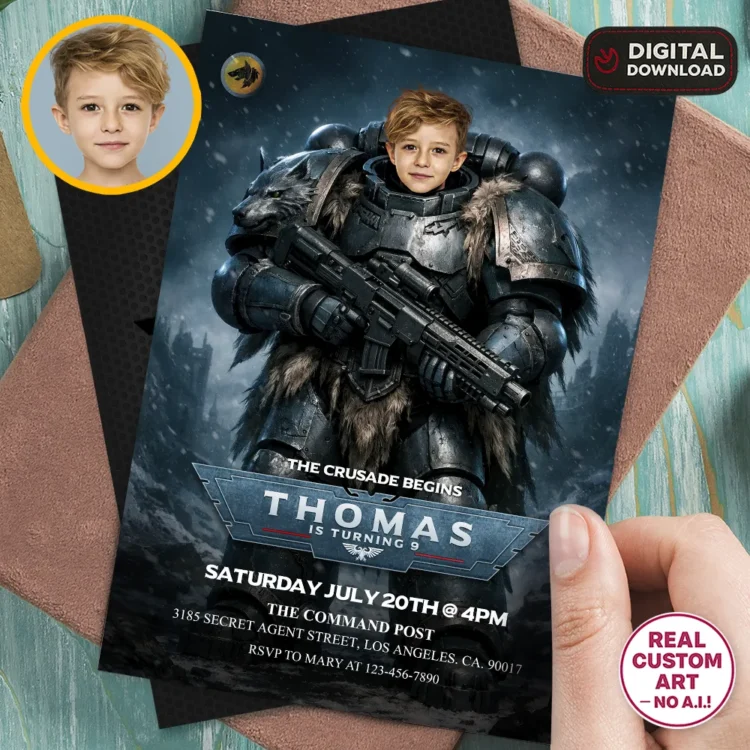 Warhammer 40K Photo Invitation – Personalized Space Wolves Birthday Invite (24h Delivery) – Digital Download