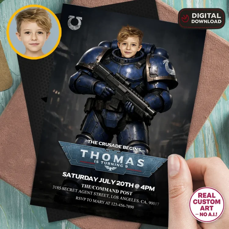 Ultramarine Warhammer 40K Photo Invitation – Personalized Space Marine Birthday Invite (24h Delivery) – Digital Download