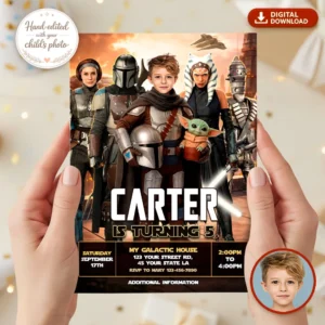 personalized-mandalorian-photo-invitation-kids-1 Mandalorian Birthday Photo Invitation - Ready in 24h.