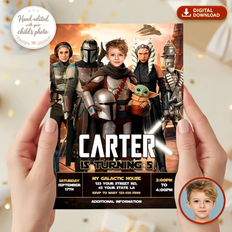 personalized-mandalorian-photo-invitation-kids-1 Mandalorian Birthday Photo Invitation - Ready in 24h.