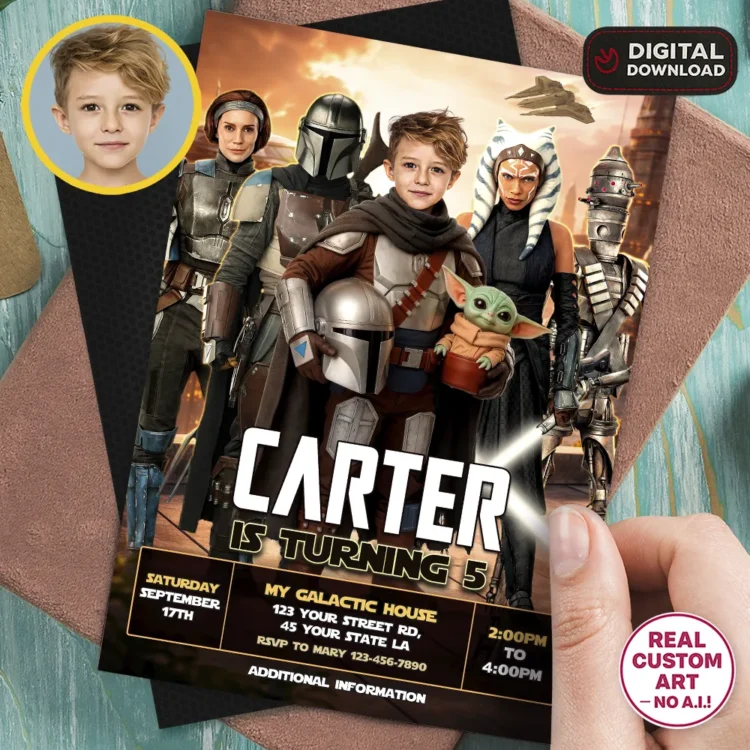personalized-mandalorian-photo-invitation-kids-4 Mandalorian Birthday Photo Invitation - Ready in 24h.