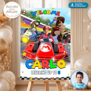 kart-birthday-welcome-sign-1 Mario Kart Welcome Sign with Photo | Personalized Mario Kart Party Decoration
