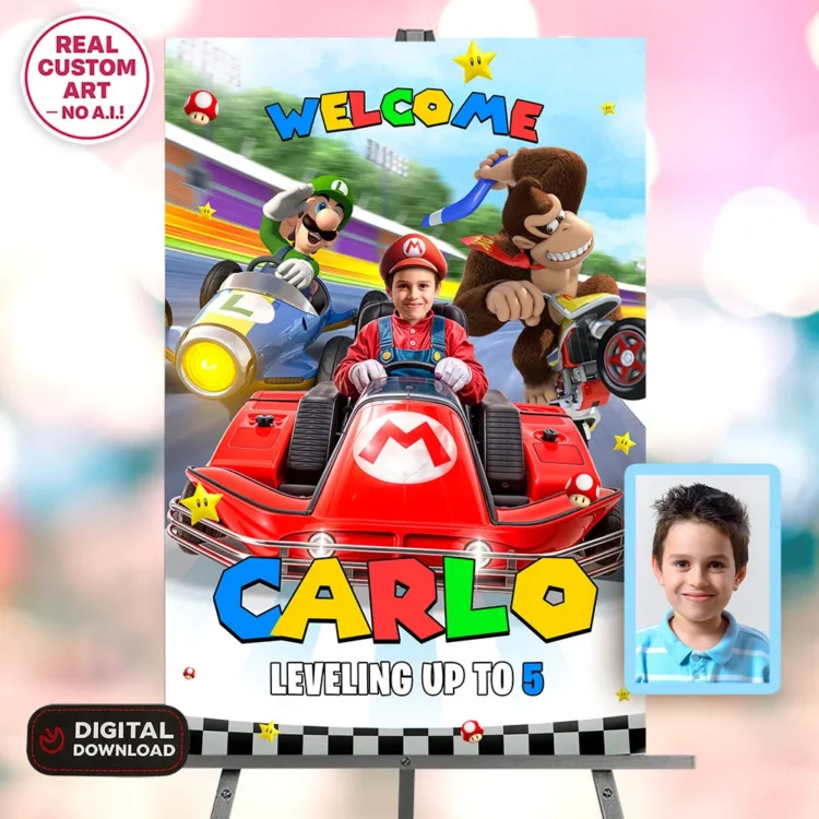 Mario Kart Welcome Sign with Photo | Personalized Mario Kart Party Decoration