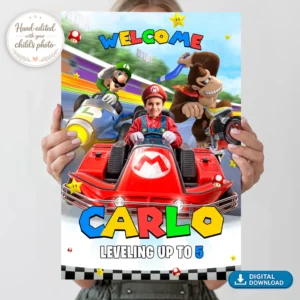 Mario Kart Welcome Sign with Photo | Personalized Mario Kart Party Decoration