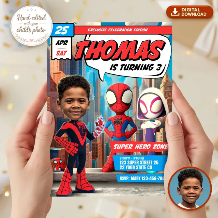 spide-birthday-photo-invitation-9 Spin Birthday Invitation with Photo | Personalized Spidey Invitation