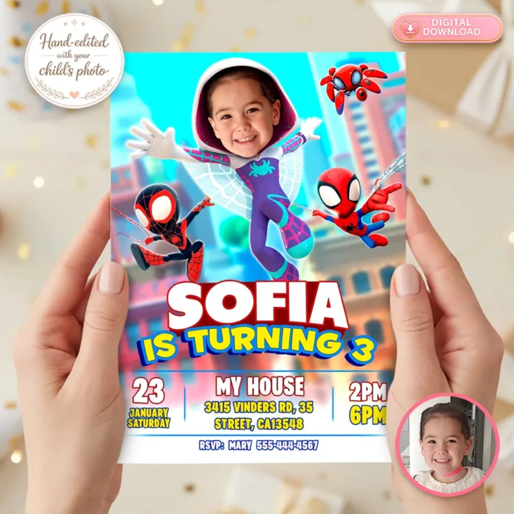 spide-birthday-photo-invitation-girls-1 Personalized Gwen Party Invitation | Spidey and His Amazing Friends Birthday Invitation