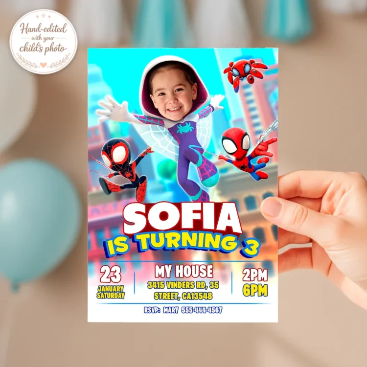 spide-birthday-photo-invitation-girls-2 Personalized Gwen Party Invitation | Spidey and His Amazing Friends Birthday Invitation